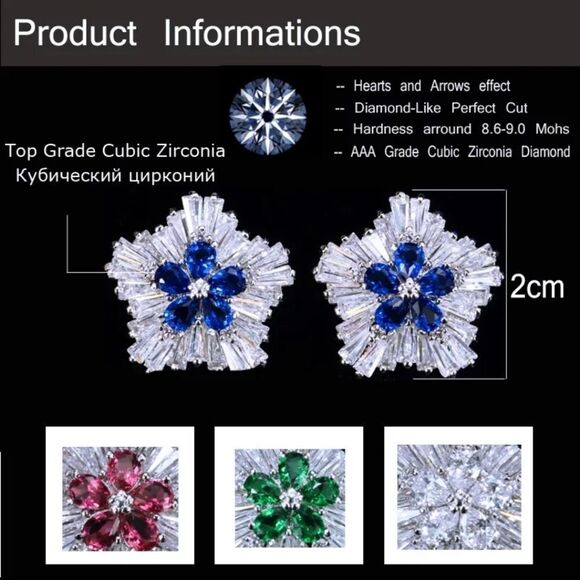 TRENDY White Flower Shaped Cubic Zirconia with Blue Crystal Earrings - Picture 5 of 5
